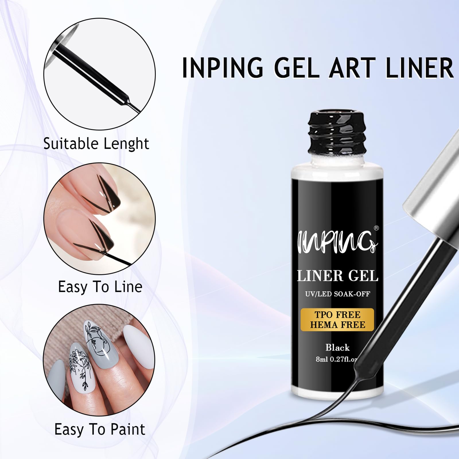 INPING 2 szt. Liner Gel Nail Art, TPO-FREE HEMA-FREE, 2 kolory biały i czarny liniowy lakier półtrwały, lakier żelowy UV, lakier do paznokci, francuski manicure dla początkujących, 8 ml