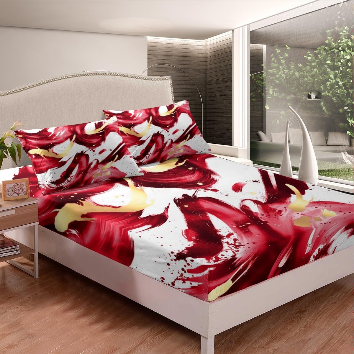 Erosebridal Red Black Striped Fitted Sheet Full Size,Modern Geometric Abstract Bed Sheets for Women Men,Minimalist Flowing Fluid Stripes Bedding Set,Minimalist Contemporary Ombre Sheets