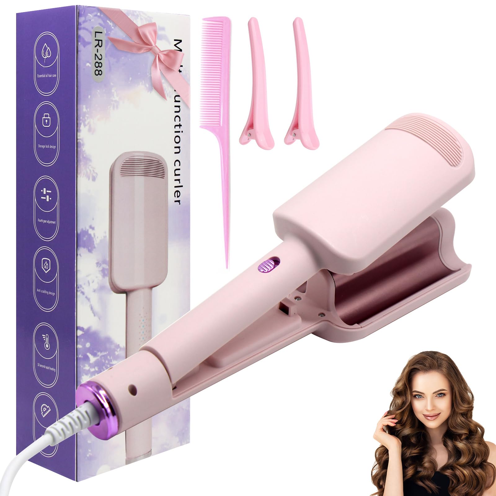 Piastra Onde per Capelli, Ferro Arricciacapelli, 32 mm Ferro per Capelli Onde con 4 Temperature regolabili per tutti i tipi di capelli, viene fornito con 1 pettine, 2 clip (Rosa)