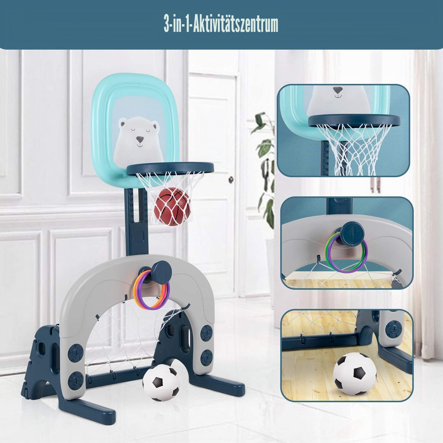Basketballkorb-Set, 3-in-1 Kinder-Basketballständer, Sport, Aktivitätszentrum, Ballspiele, verstellbar, einfache Punktzahl, Basketballkorb, Fußball/Fußballtor/Ringwurf, bestes Geschenk für Kleinkinder