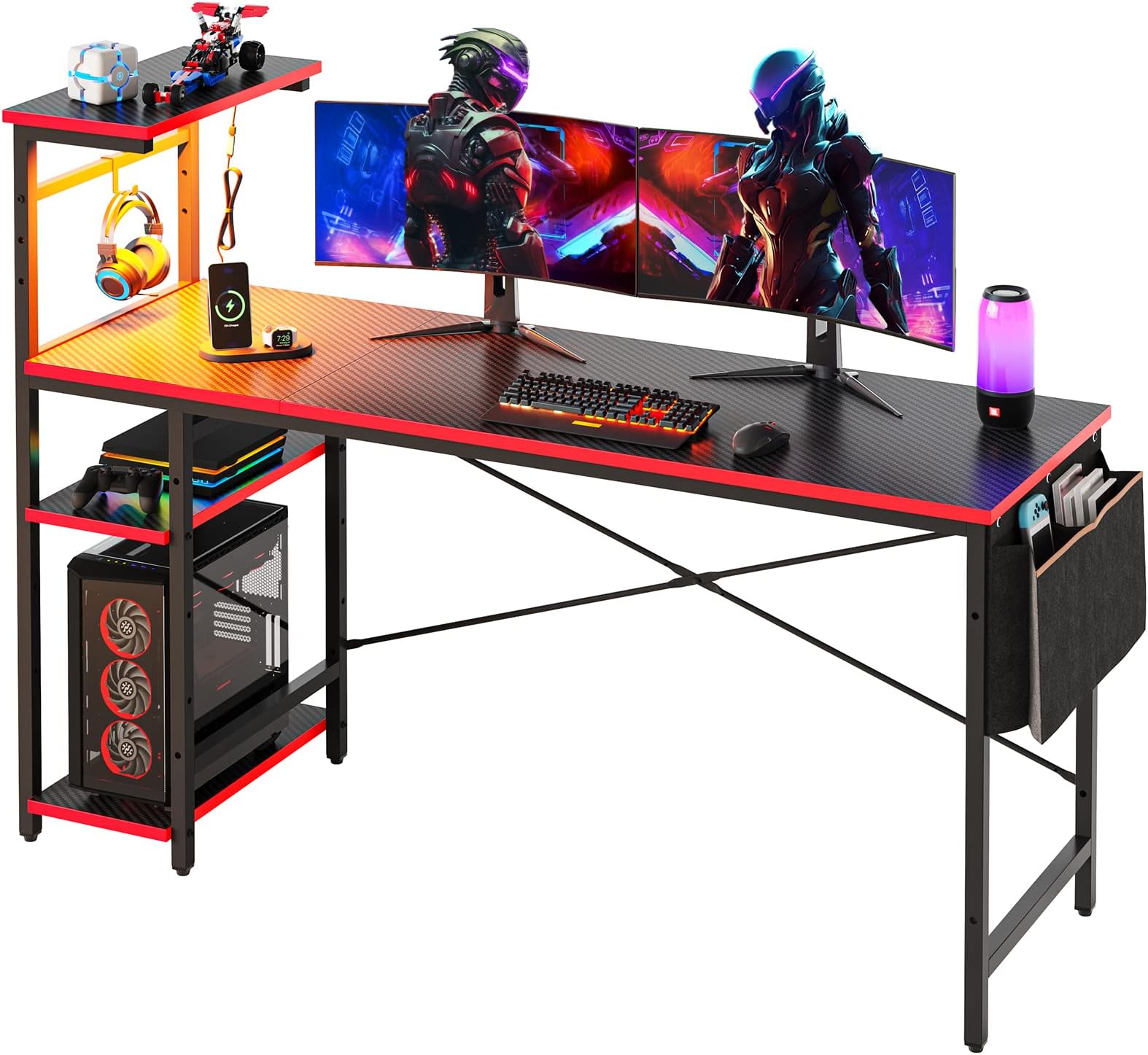 BestierGaming Desk with LED Lights, Computer Desk with 4 Tiers Reversible Shelves, 61.3 Inch Home Office Writing Desk with Side Storage Bag, Hooks and Height Adjustable Shelf (Black 3D Carbon Fiber)
