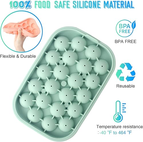 Miniatura 3 de Bandeja para cubitos de hielo, paquete de 2 unidades de silicona flexible para 22 bolas de hielo con tapa, sin BPA, bandejas de cubitos de hielo de