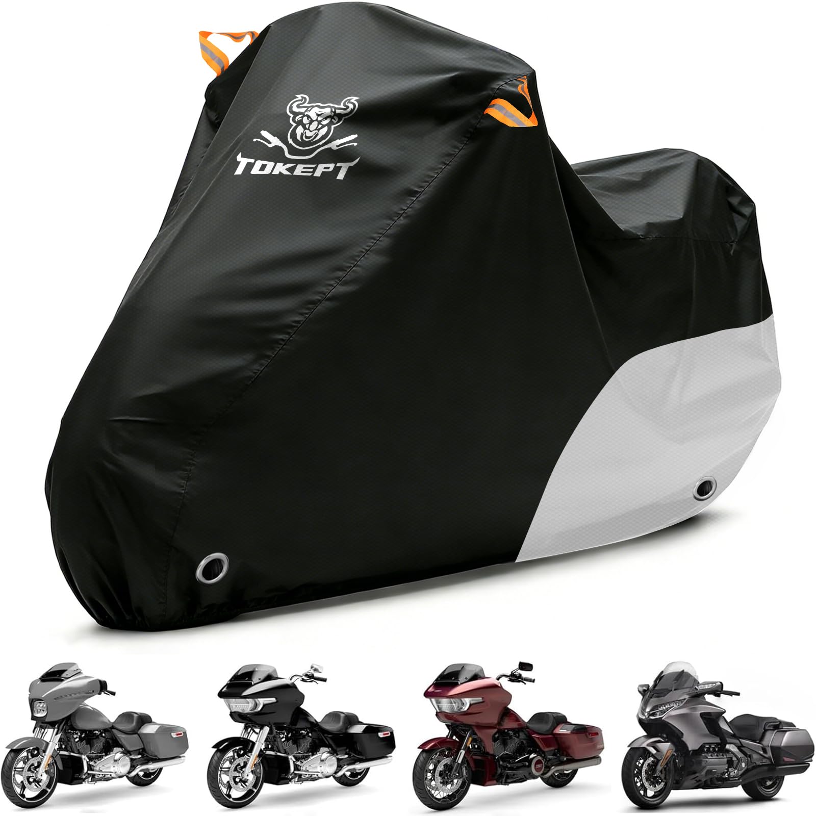 Motorcycle Cover Waterproof All Season Outdoor Protection | Fits up to 104 Inch, Compatible with Cruisers &amp; Touring Models, with Locking Holes &amp; Reflective Strips (Black&amp;Silver)