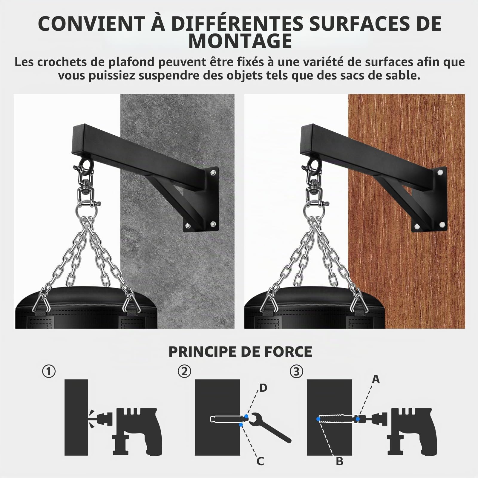 Support mural pour sac de frappe, Support mural pour sac de boxe Support lourd Support pour fixation murale de 220 kg Support de rotation silencieuse pour entraînement de boxe à domicile en