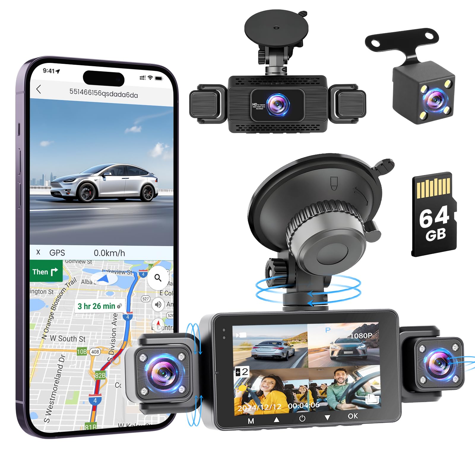 Roinvou 4K+1080P Dash CAM Coche, 5GHz WiFi Dashcam con Tarjeta SD 64GB, Camara Vigilancia Coche con 3″ IPS Pantalla, 170° Gran Angular, Grabación en Bucle, Sensor G,Visión Nocturna