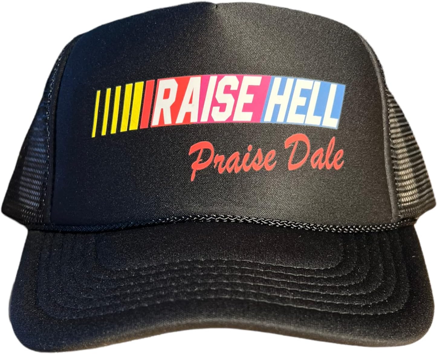 Raise Hell Praise Dale Snapback Trucker Hat for Men or Women, Vintage Fit with Funny Novelty Graphic, Custom Mesh Cap