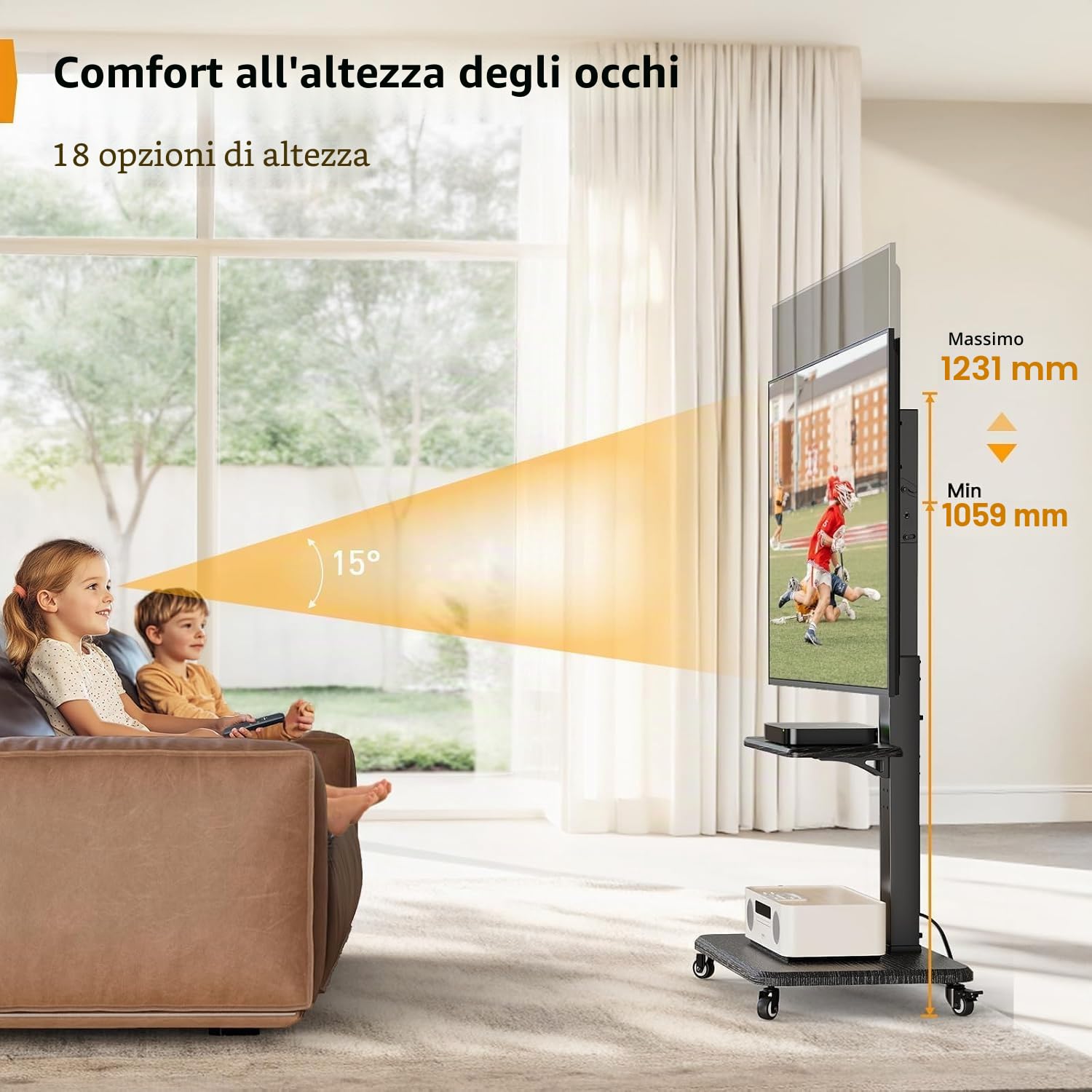 Supporto TV mobile Perlegear, carrello TV inclinabile e girevole per TV da 32 a 65 70 75 pollici fino a 50KG, supporto TV rotante regolabile in altezza con ruote, VESA massimo 600x400 mm