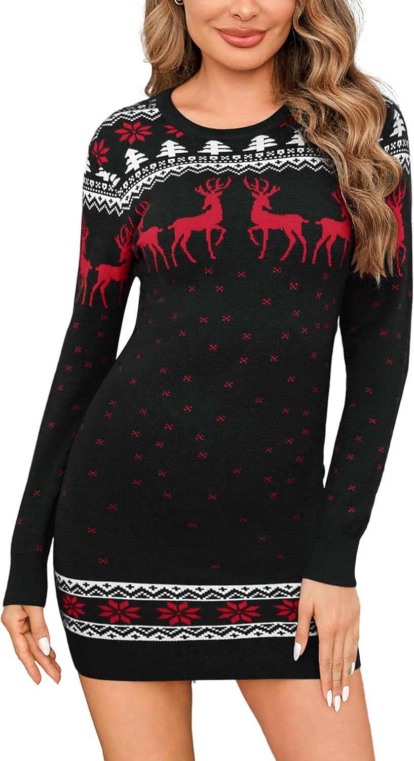 Namatime Gebreide jurk, voor dames, kerstjurk, kerstpullover, rendierjurk, gebreide trui-jurk met sneeuwvlokken motief, voor winter, vrije tijd, feest, zwart, L