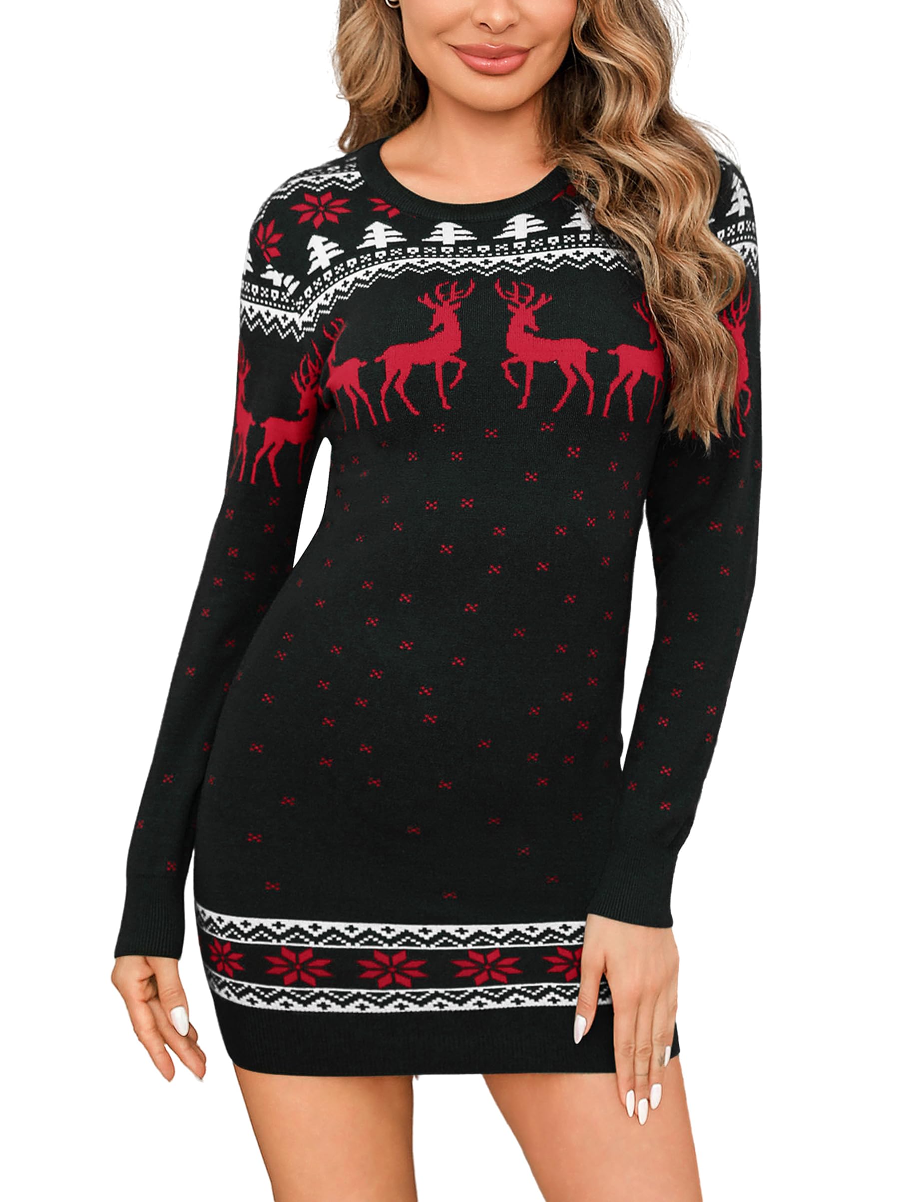 Litherday Vestito Natale Donna Maglione Natalizio Donna Abito in Maglia Donna Invernale Elegante Maniche Lunghe Abiti Natalizi per Donne Collo Rotondo Caldo