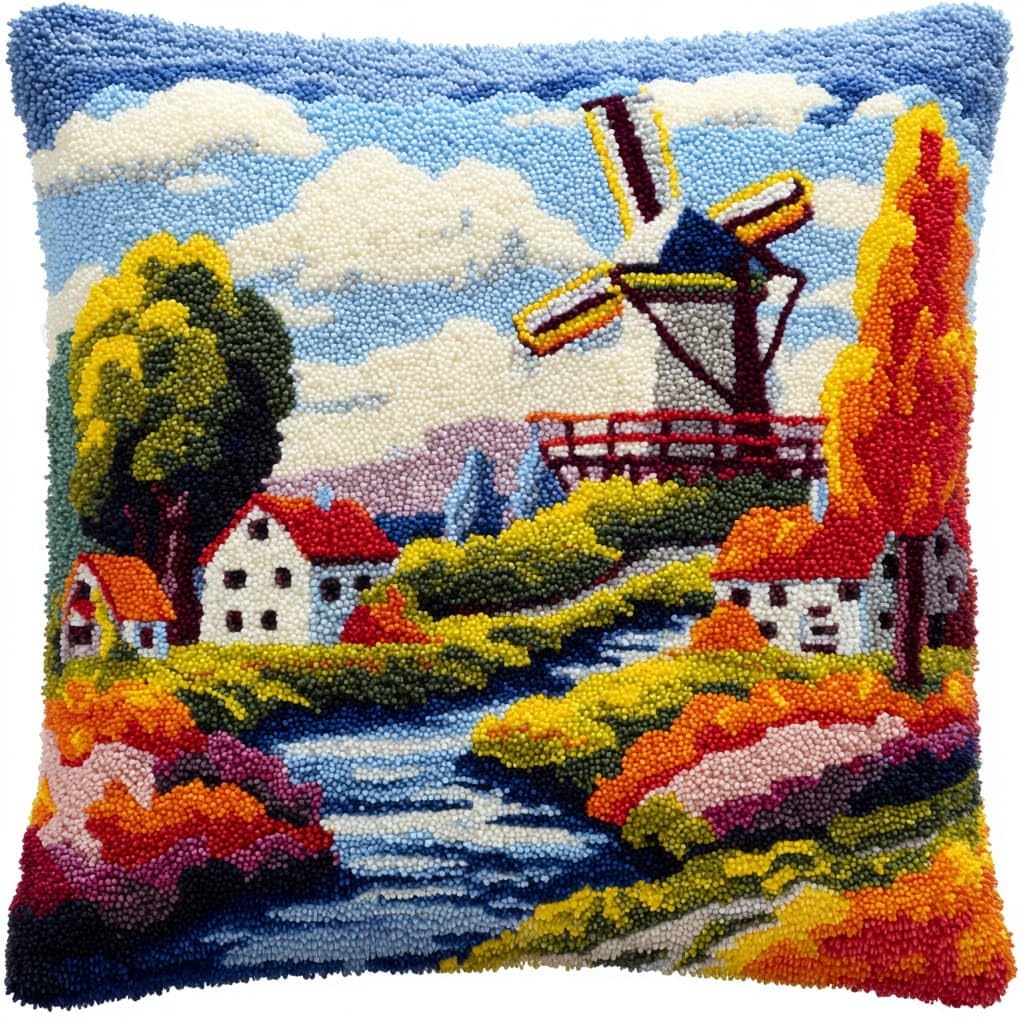 WallustrioaW Latch Hook Pillow Case Kits,Windmills in the Village