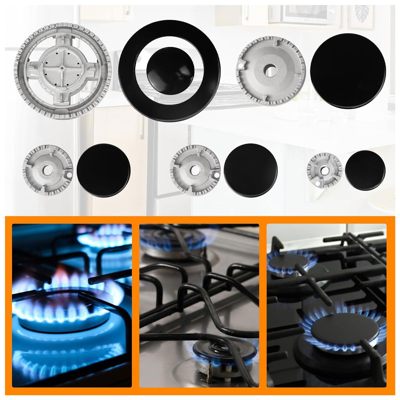 Juego de cubierta de cocina de gas, 6 tapones de llama y 5 quemadores de gas, juego de cubierta para 5 hornillos, repuesto para cocinas de gas para