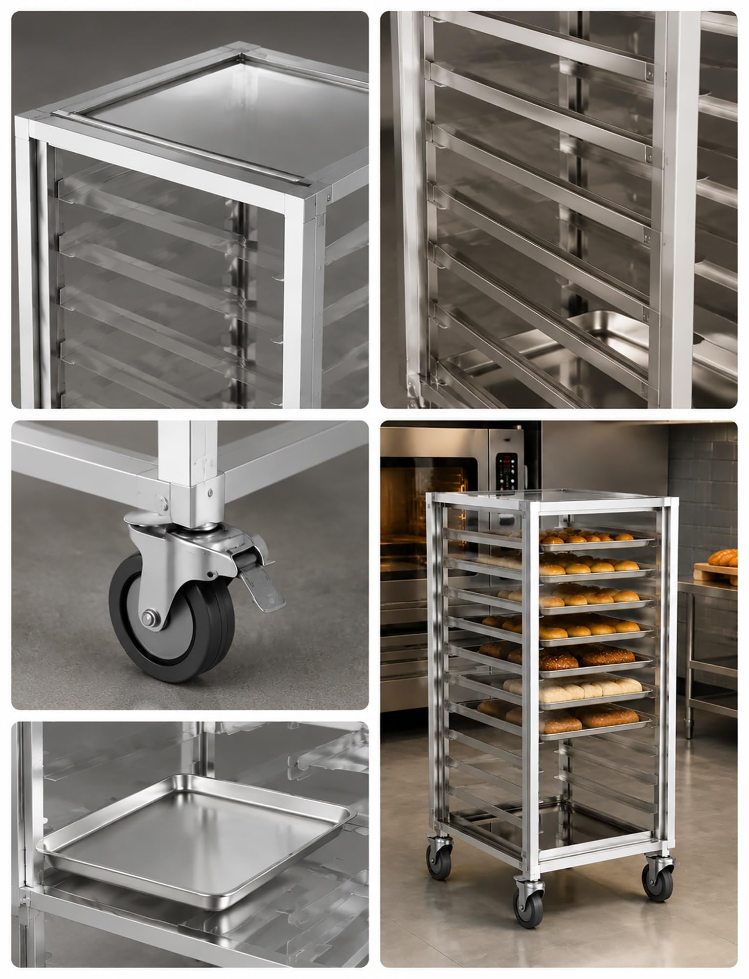 Carro de Aluminio para Bandejas de Hornear con Ruedas | Estructura de aluminio; diseño de múltiples niveles; fácil transporte; para panaderías y cocinas(9-layer closed)