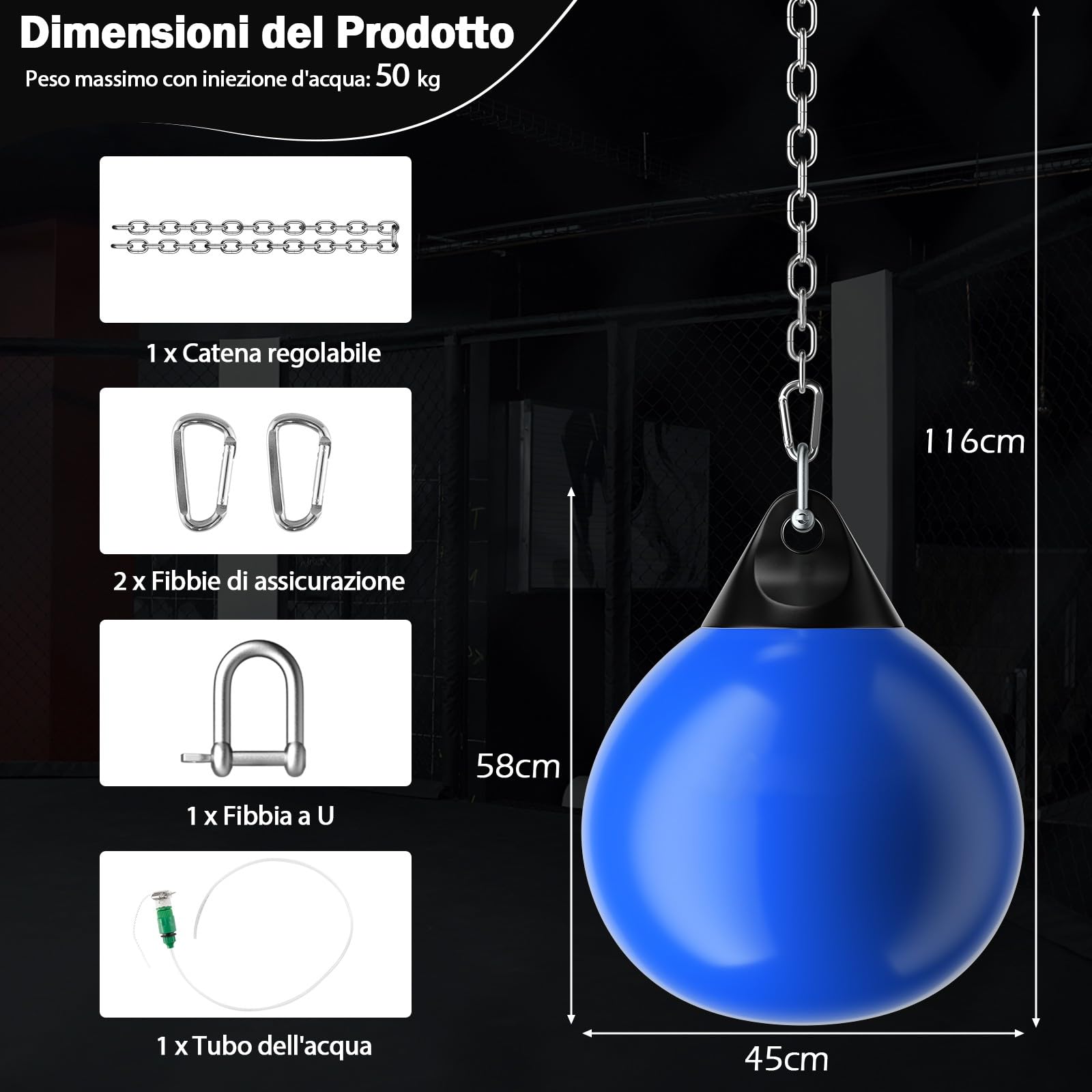 COSTWAY Sacco da Boxe per Bambini ed Adulti 50 kg, Sacco da Boxe ad Acqua con Catena Metallica Regolabile, Ganci, Fibbie di Assicurazione e Tubo dell’Acqua