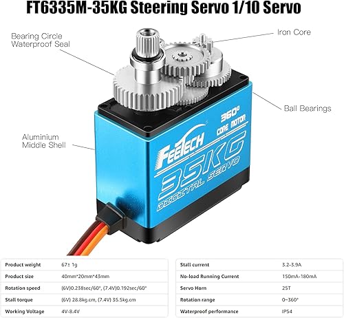 Vista 15 de FEETECH Servomotor de 77.2 lbs 7.4 V de alto voltaje impermeable de alto par RC servo servo de metal completo servo digital, caja de aluminio