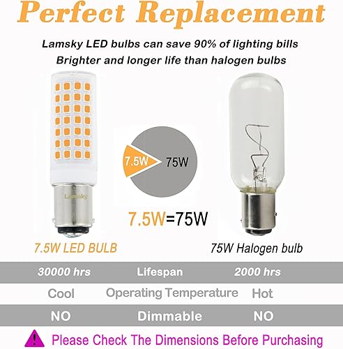 Miniatura 4 de Ba15d - Bombilla LED de 7.5 W, color blanco cálido, 3000 K, 120 V, equivalente a halógenos de 75 W, 80 W, bombilla de máquina de coser, base de