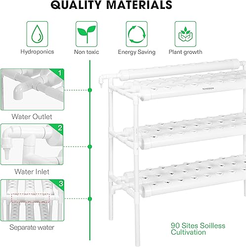 Miniatura 2 de VIVOSUN Sistema de cultivo hidropónico 90 sitios de plantas, 3 capas, 10 tubos de PVC-U de grado alimenticio, sistema de jardinería hidropónico, kit
