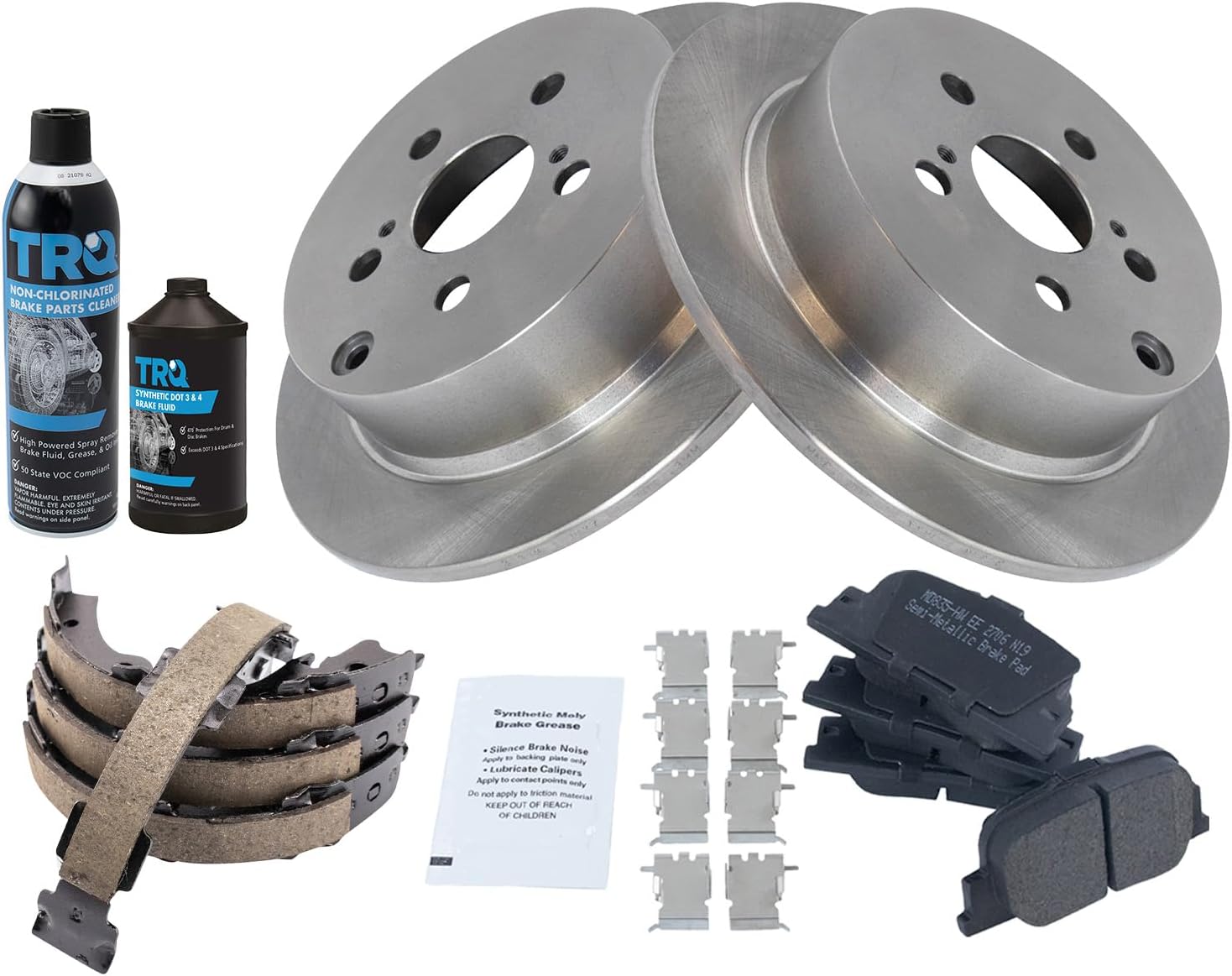 TRQ Rear Brake Pad & Rotor Kit Brake Chemical Kit Brake Pads Brake Rotor Parking Brake Shoe Set Semi-Metallic Compatible with 2005-2010 Scion tC