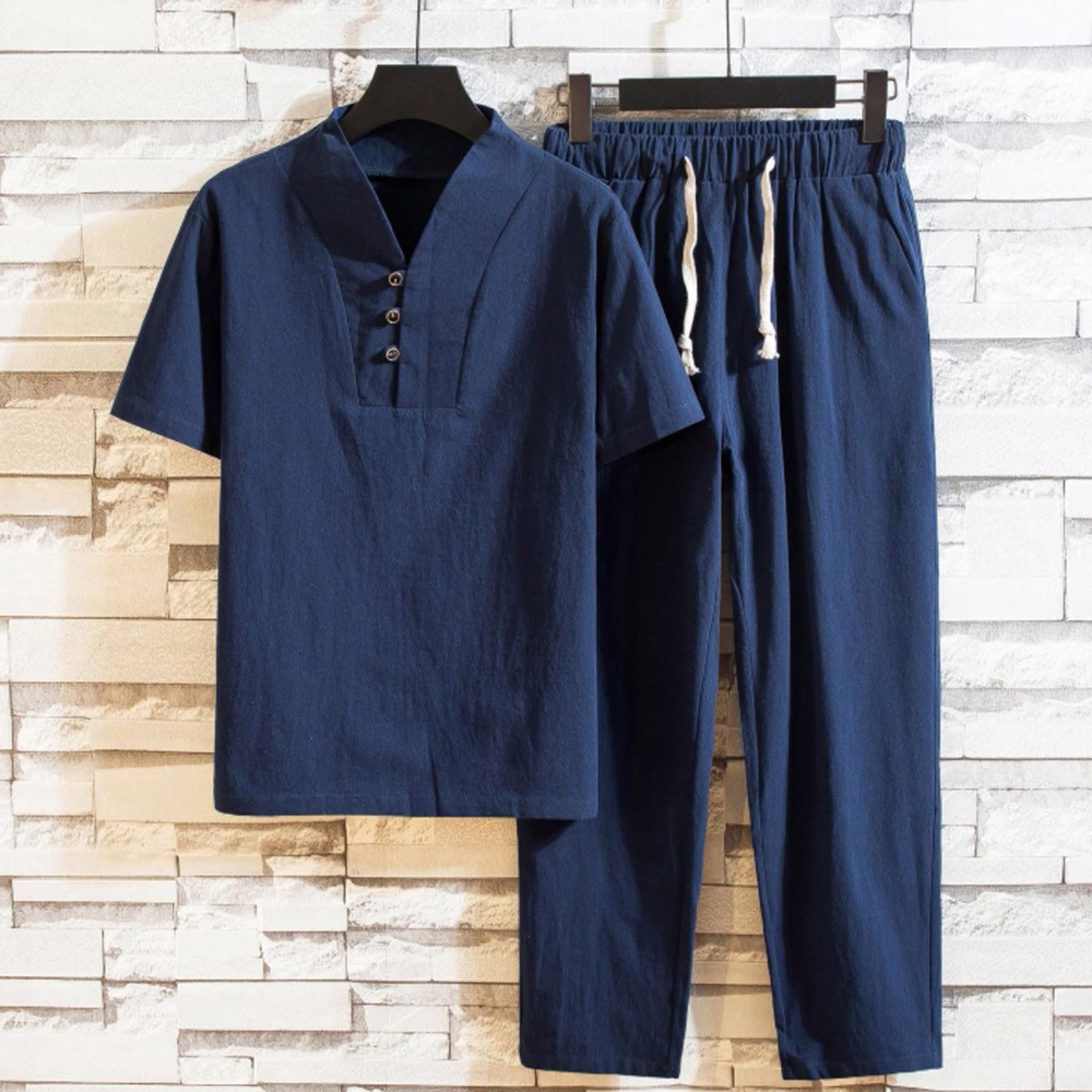 Pigiama Uomo Estivo Corto Cotone, Maniche Corte Girocollo Camicie a Righe Con Pantaloncini Corti Allentato Morbido Vacanze Spiaggia Comodo Estivo Cotone Pigiami Completi Estivi Completino Uomo Estivo