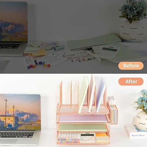 Miniatura 2 de ORDROLL Organizadores de papel de escritorio y accesorios, bandejas de letras de 3 niveles con 5 soportes verticales para archivos, cajón y soporte