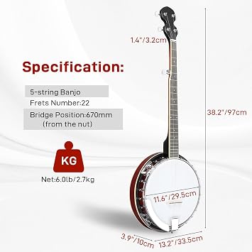 5 String Full Size Banjo Guitar Kit,38 Beginner Banjo Kit with Digital Tuner,String,Finger sleeve,Allen Wrench,Screwdriver Tools,Straps,Polishing Cloth (Right Handed)