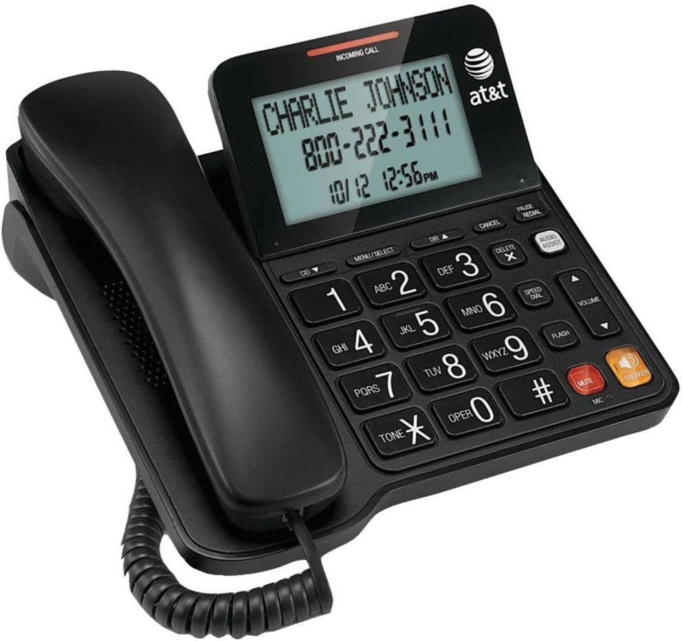 AT&T CL2940 Corded Phone with handset resting on the base, displaying an incoming call on its large tilt screen.