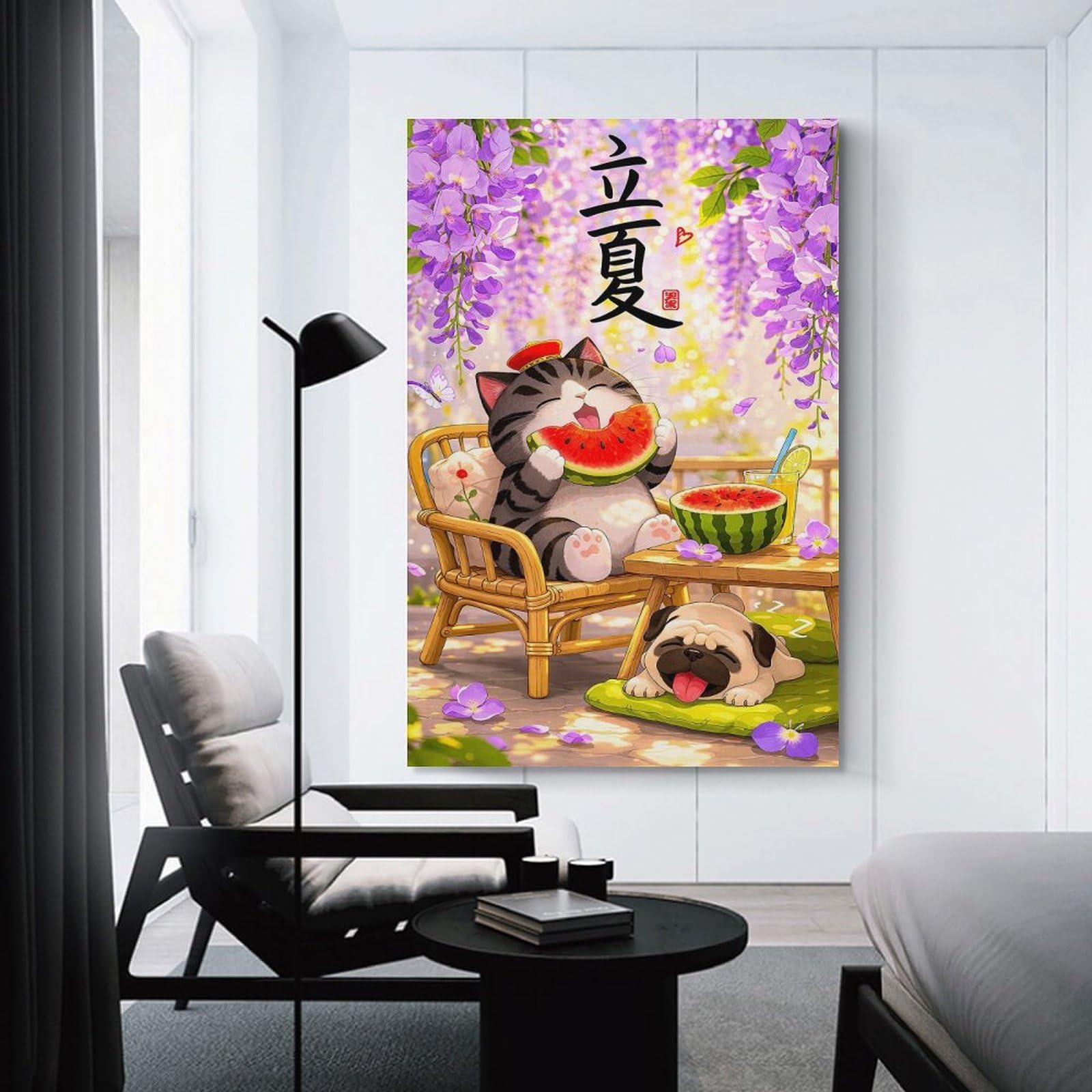 Junmoney Cute Cat And Pug Enjoying Summer Wall Art Print, 24x36inch(60x90cm), for Workspace Walls, Study Corners Or Bedrooms, A Smart Decor Choice for Study Walls