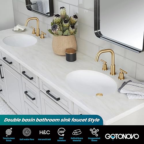 Miniatura 10 de gotonovo Grifo de lavabo de baño de 3 agujeros y 2 asas con drenaje desplegable con válvulas mezcladoras frías y calientes de 8 pulgadas, grifo de