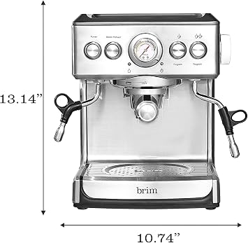 brim 19 Bar Espresso Machine, Fast Heating Cappuccino, Americano, Latte and Espresso Maker, Milk Steamer and Frother, Removable Parts for Easy Cleaning, Stainless Steel