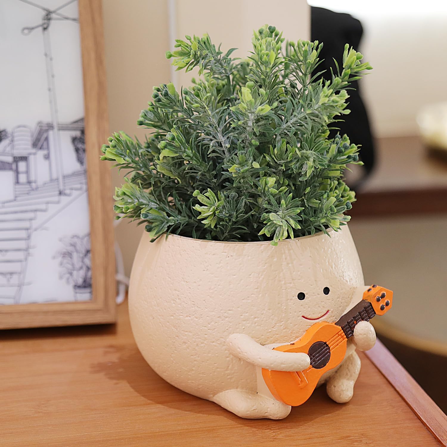 Camotank Face Planter Pots for Indoor Plants Cute Guitar Plant Pot, Smiley Face Flower Pots Succulents Planter Gift Ideal for Mother and Christmas (L)