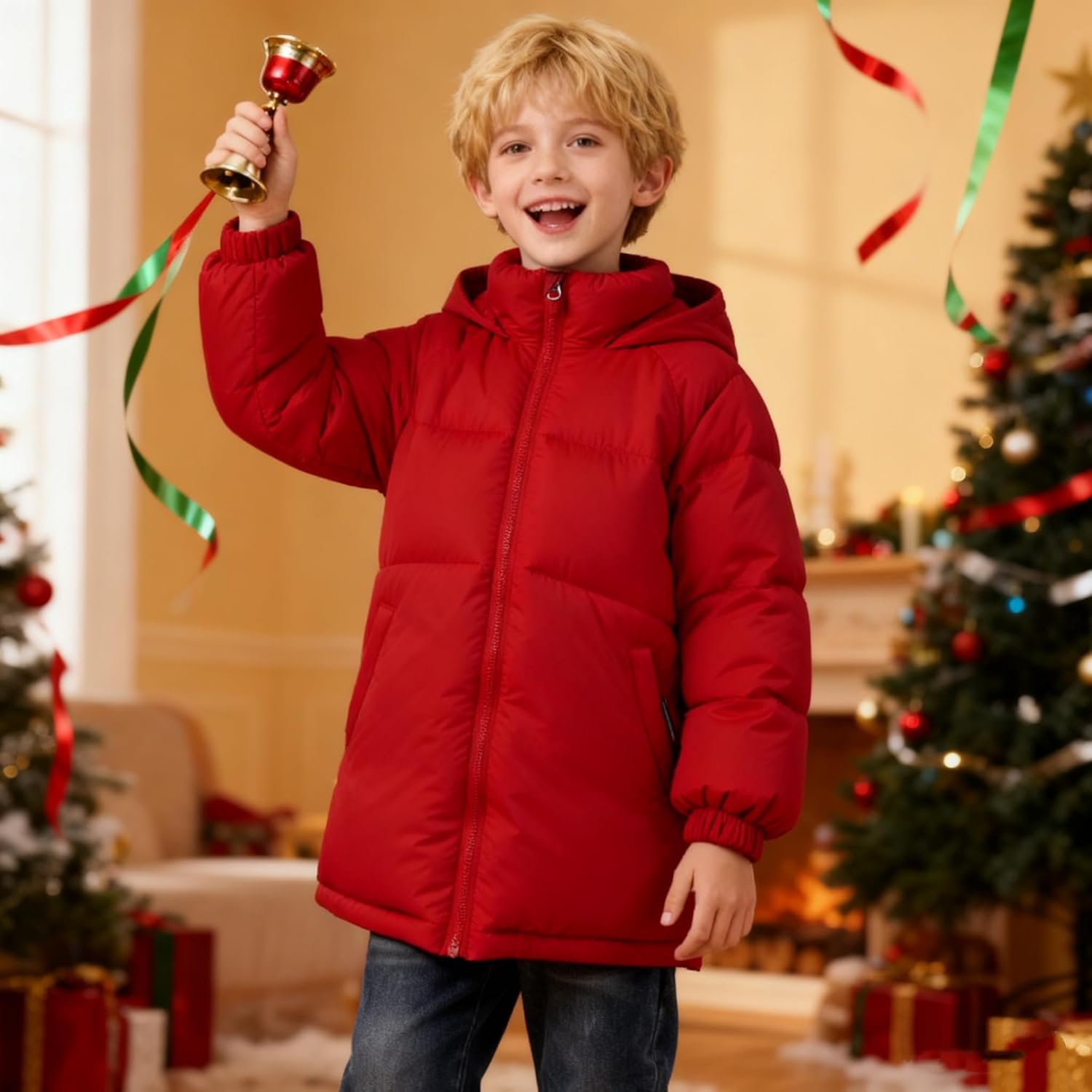 uideazone Boys' Winter Coat Medium Length Warm Hooded Puffer Jacket Down-like Cotton Waterproof Outwear 5-12Y - Image 3