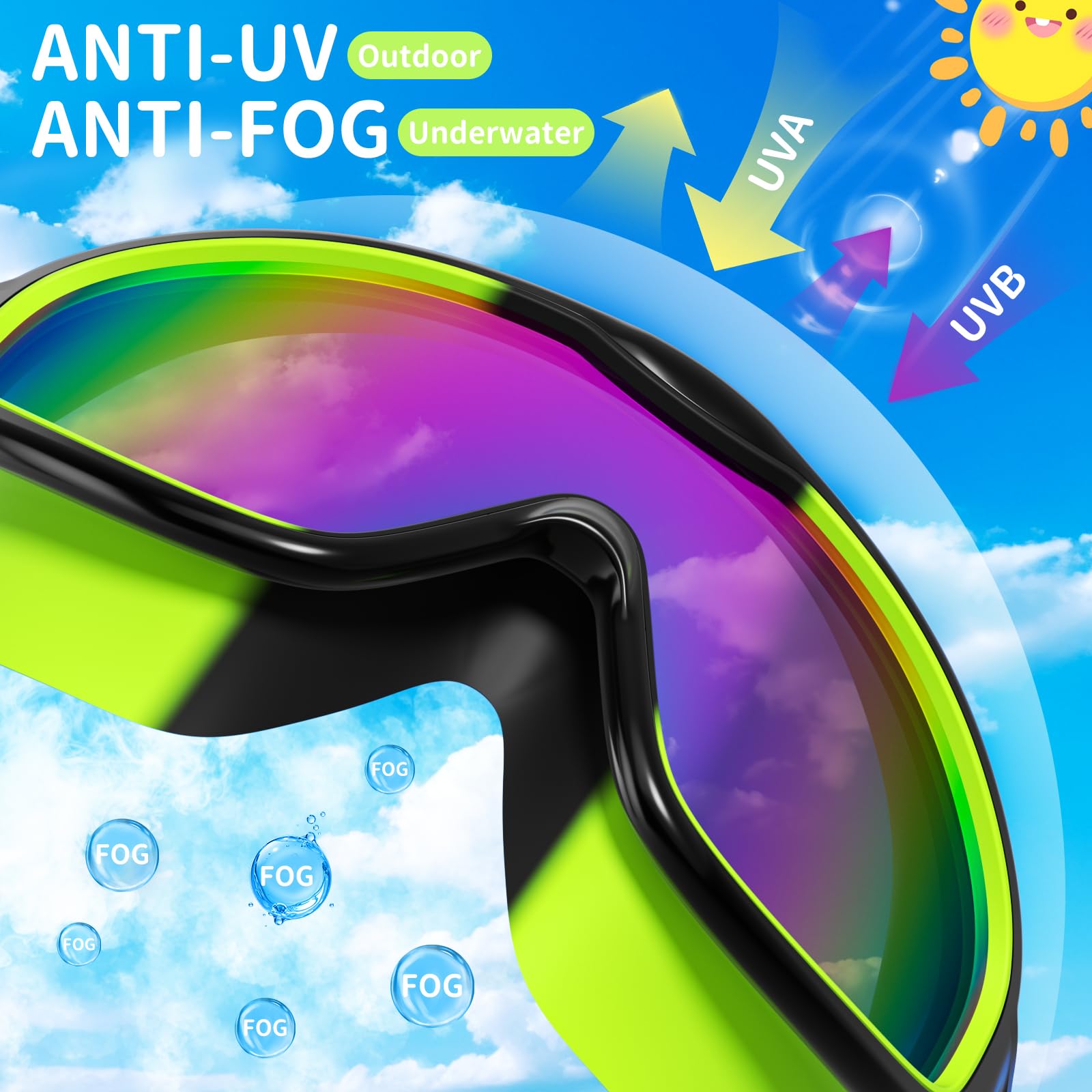 Paquete de 2 gafas de natación para niños, sin fugas, antivaho, anti-UV, para niños y niñas de 4 a 14 años