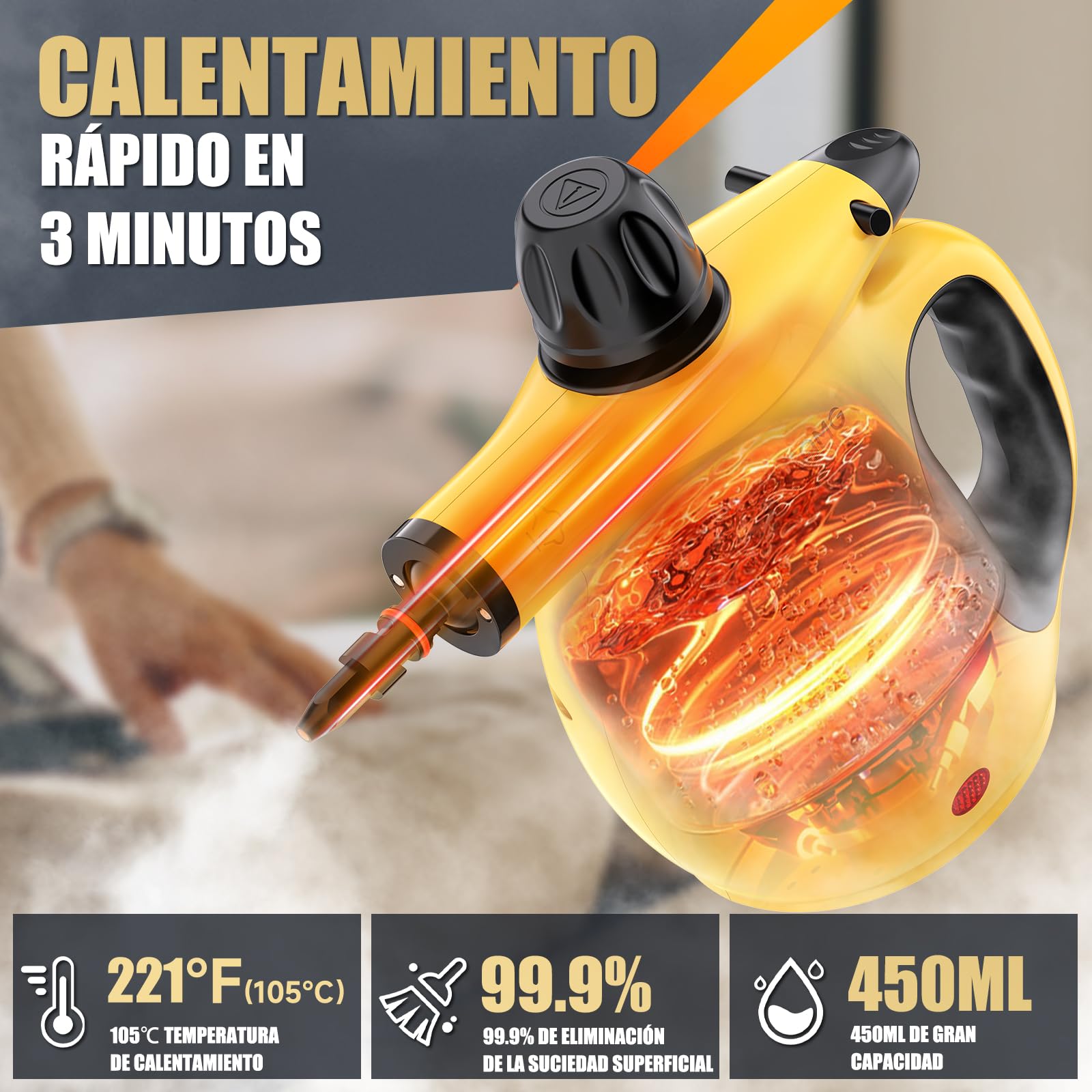 Limpiador a Vapor Portátil,Limpiador de Tapicerias con10 Accesorios,Limpiador a Vapor con Bloqueo de Seguridad&450ml Calentamiento Rápido 3-5 Minutos para Casa Coche, Accesorios Steam Cleaner