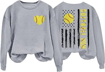Softball Mom Sweatshirt for Women, Long Sleeve Baseball Pullvoer Tops Crewneck Lightweight Graphic American Flag Shirts Usa Flag Sweatshirt Patriotic Shirts Grey Small