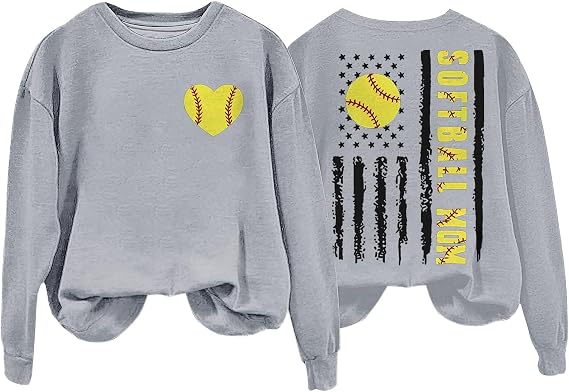 Softball Mom Sweatshirt for Women, Long Sleeve Baseball Pullvoer Tops Crewneck Lightweight Graphic American Flag Shirts Usa Flag Sweatshirt Patriotic Shirts Grey Small