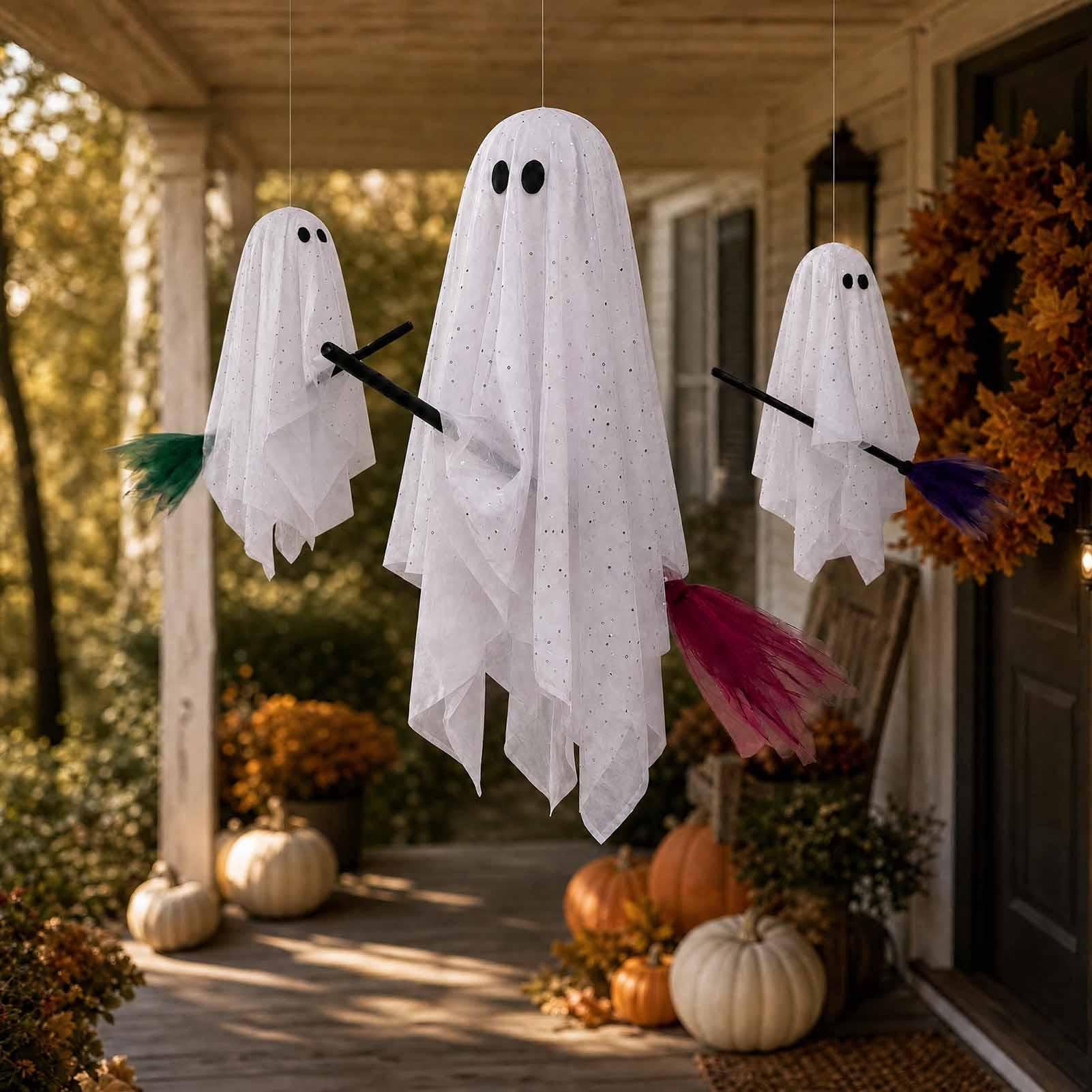 Halloween Schwingender Geist 3-teiliges beleuchtetes Spuk-Set mit Besen | Halloween Gartendekorationen für Garten, Rasen, , Vorderfenster, Zuhause, Büro, Party, Schule, Balkon und