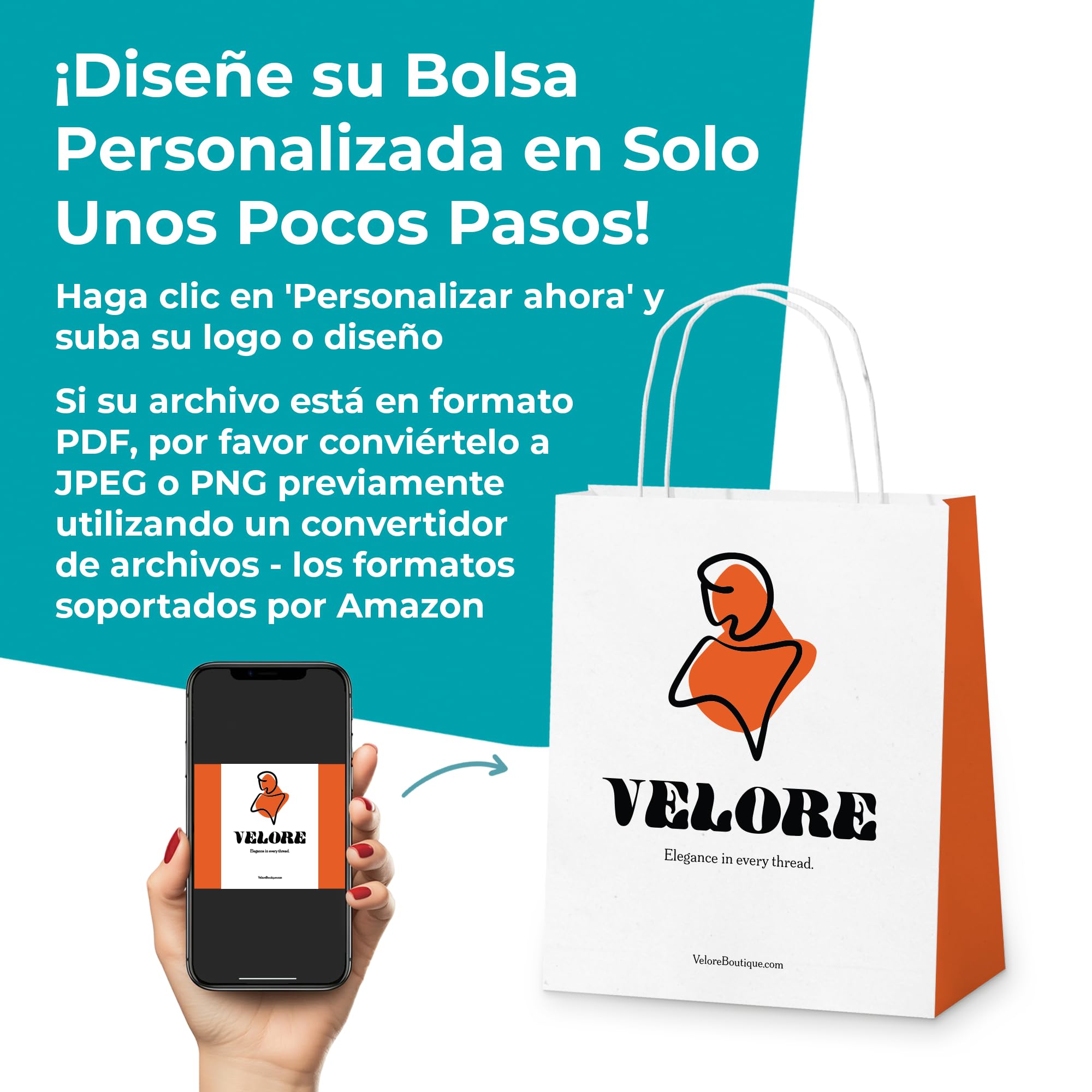 Cimpress bolsas de papel blancas personalizadas con asas Añade un logo o imagen, 22 × 30 cm, Diseño discreto, 100 piezas, Bolsas de regalo kraft para tiendas, ferias comerciales o boutiques