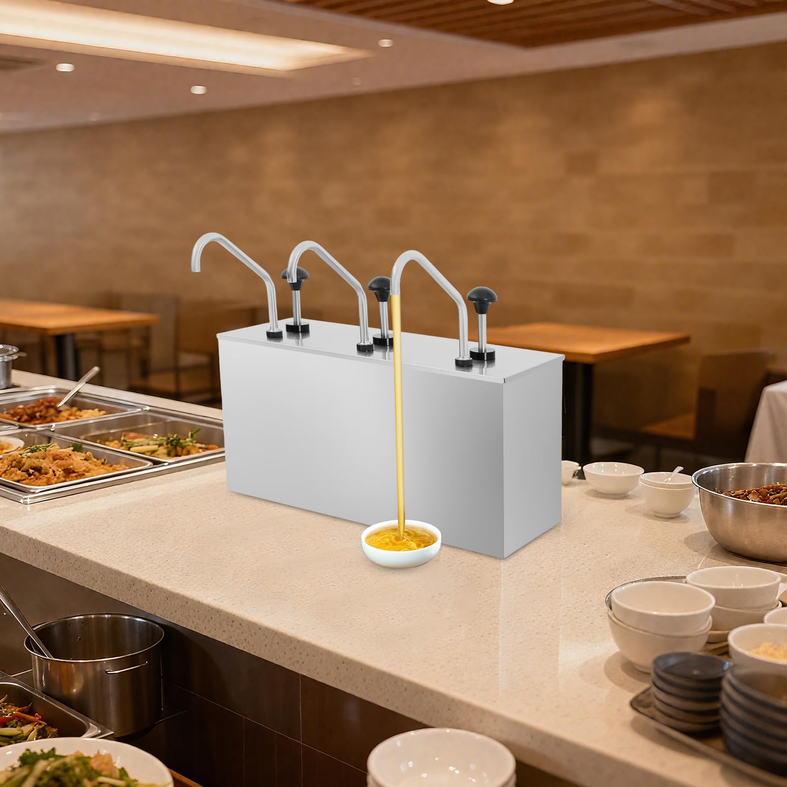 Distributore di salsa, pompa per salsa, dispenser condimenti, 3 scomparti 4 l, beccuccio antiostruzione, per ristorante casa caffetteria hotel, acciaio inossidabile, stazione di pompaggio