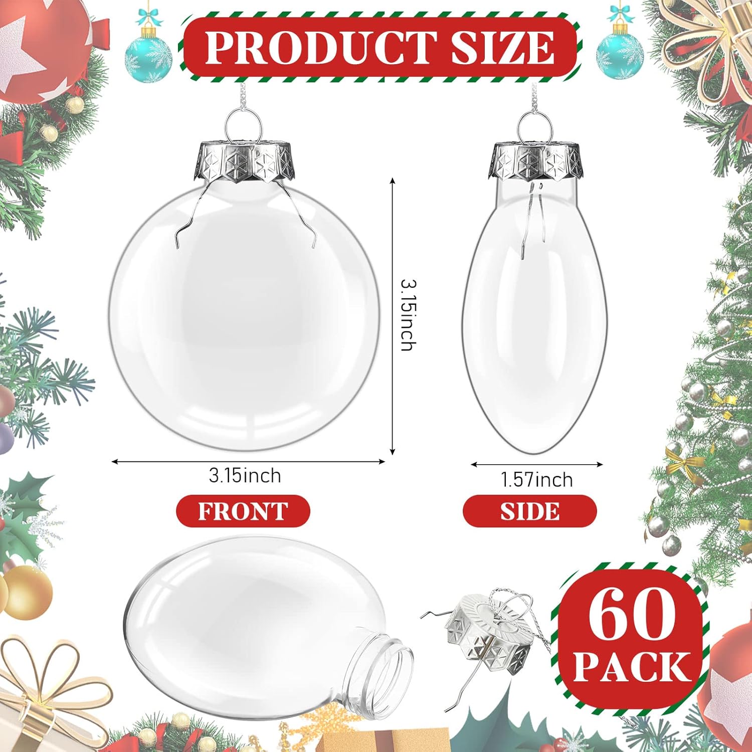 Macarrie 60 Pcs Christmas Clear Plastic Ornaments for Crafts, Fillable Flat Ball Hanging Ornament Plastic Empty Discs Balls with Lid Rope for DIY Christmas Tree Home and Party Decor(3.15 Inch)