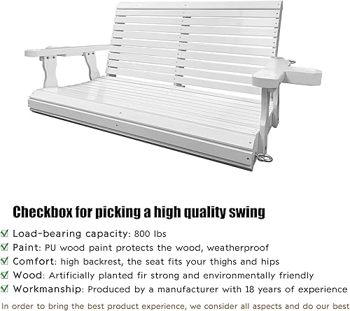 Miniatura 3 de Columpio de madera para porche de 2 plazas, columpio de banco con portavasos, cadenas colgantes y resortes de 0.276in, resistente 800 libras, para