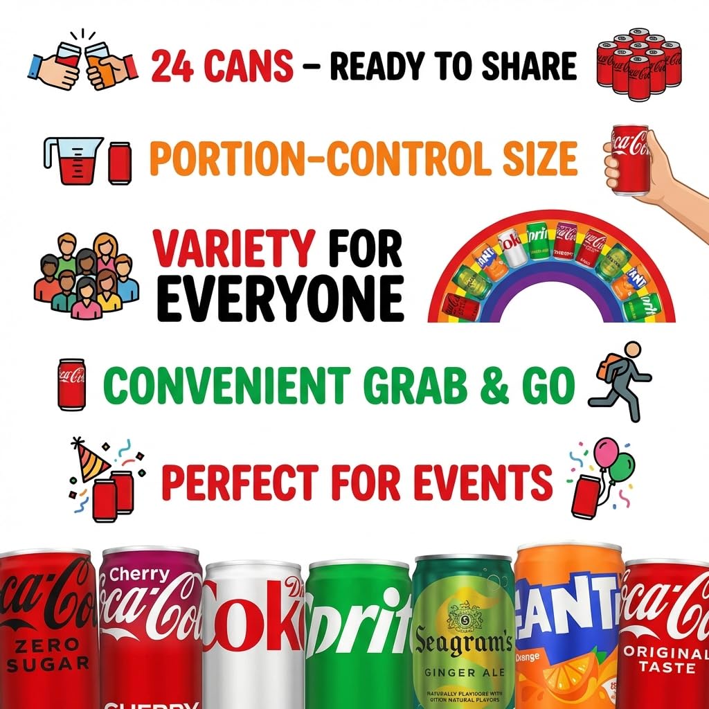 Coca-Cola Variety Pack – 24 Pack Assorted Mini Soda (7.5 Fl Oz Cans) – Coke, Cherry Coke, Diet Coke, Coke Zero, Fanta Orange, Seagram’s Ginger Ale & Sprite