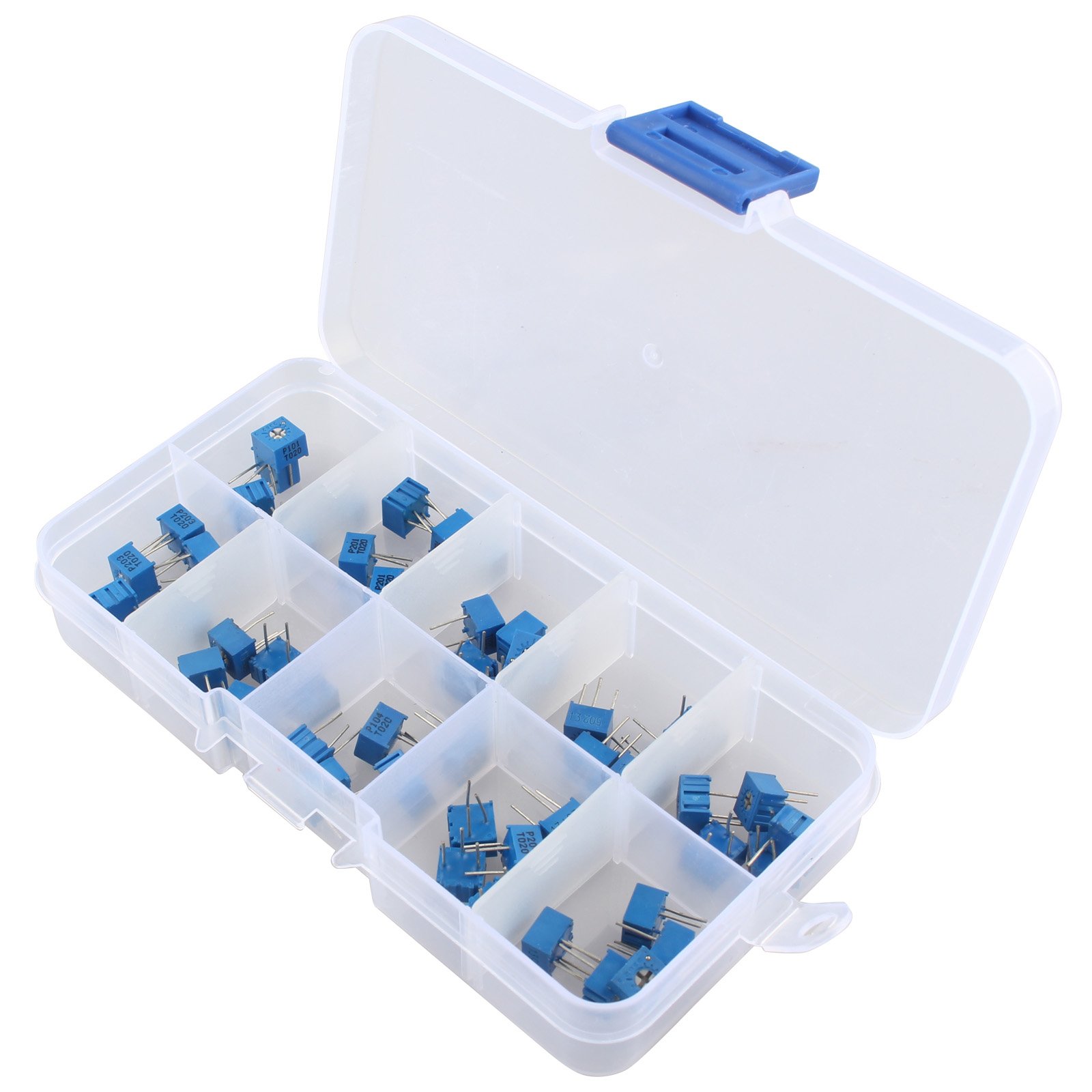 HALJIA Potentiometer-Sortiment – 50 Stück, 10 Werte (100 Ohm – 1 MOhm), 3362 Trimmer, In Kunststoffbox