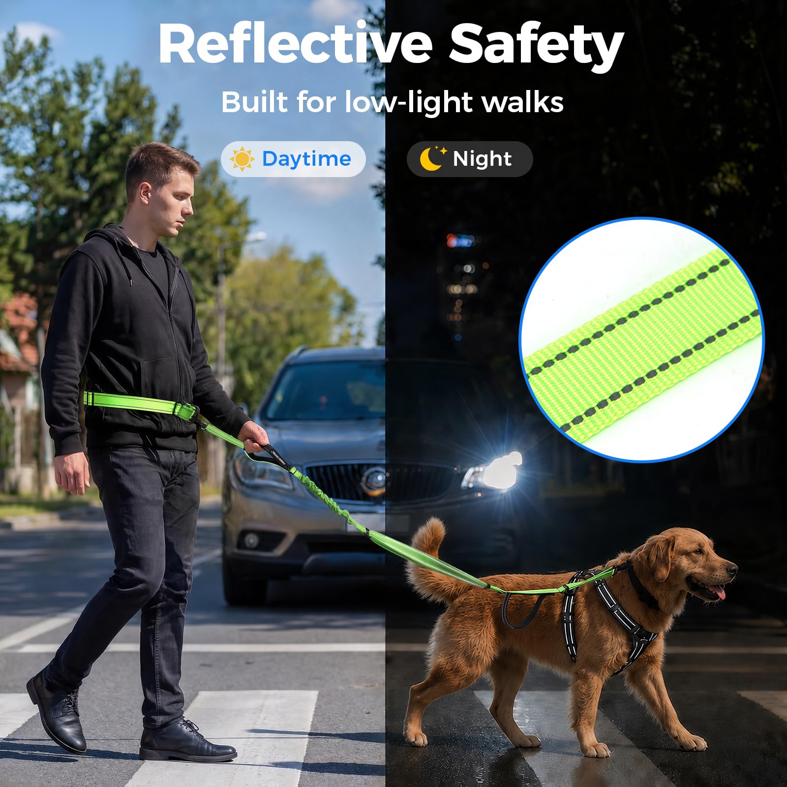 Laisse mains libres robuste pour chiens de grande et moyenne race, 1,8 à 2,4 m, réfléchissante, en nylon solide, avec large ceinture, double poignée rembourrée pour la marche, le jogging, la course à