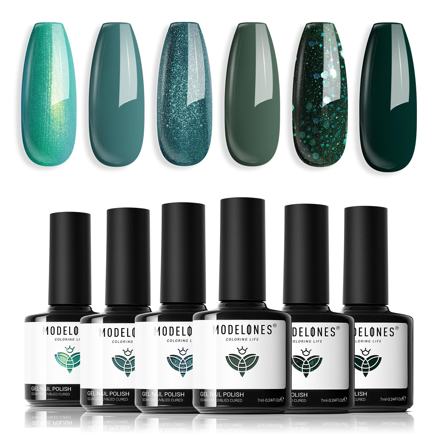 Gel Nail Polish Glitter Green - 6 Pcs Glitter Green Sparkle Gel Polish Kit Soak Off Nail Lamp Avocado Dark Green Nail Gel Nail Kit Nail Art Design Gifts for Women