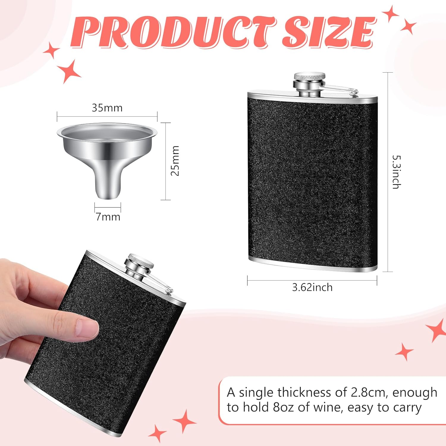 Hushee 8 Pcs Bling Leakproof Flask with 8 Funnels Liquor Alcohol Flasks Hip Flask Reusable Colorful Flasks Whiskey Wine Flask Alcohol Kit for Liquor Cruise Girls Women Bridesmaids (8 oz) - Image 2