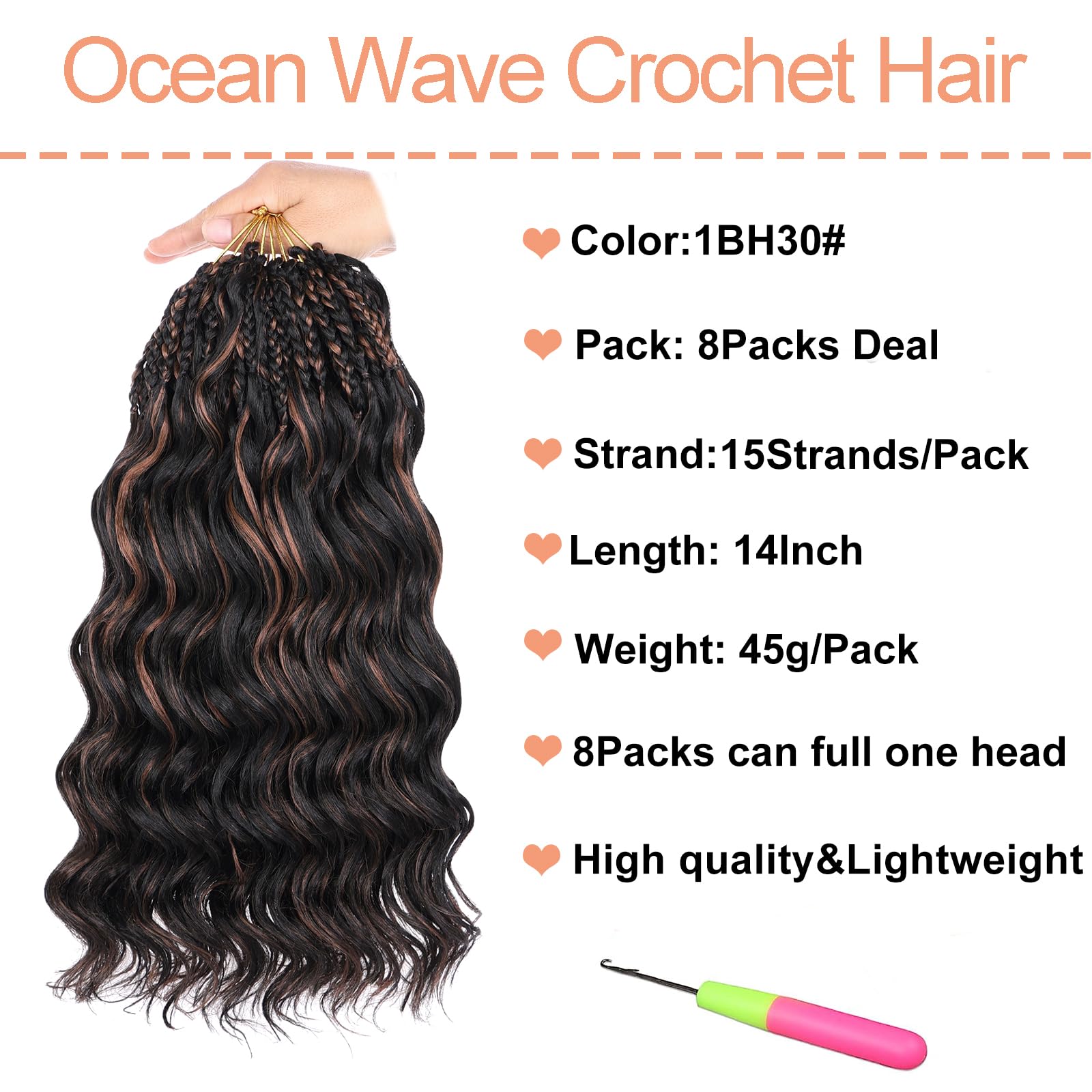 Mscat 14 Inch Pre Looped Ocean Wave Crochet Hair 8 Packs Black Mixed Brown Boho Ocean Braids Pre Twisted Synthetic Deep Wavy Crochet Hair for Women 1BH30# - Image 2