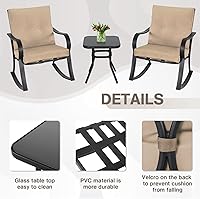 Vista 3 de Mecedoras para exteriores de 3 piezas, juego de muebles de bistró para patio, 2 sillas mecedoras de acero negro con cojín y mesa de centro de Marrón