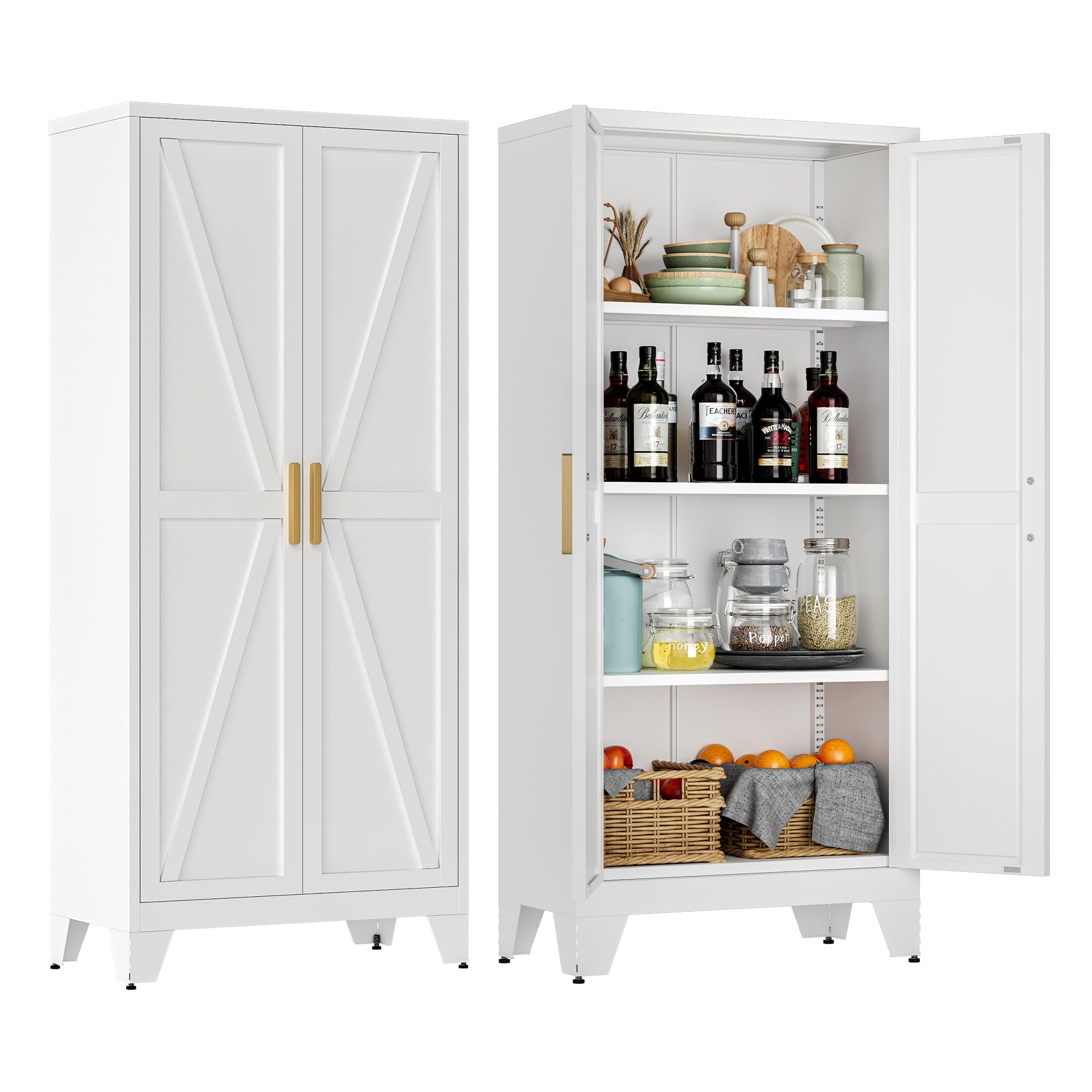 LCAOPC 61" Tall Metal Storage Cabinet with 2 Doors and 3 Adjustable Shelves, 4-Tier Kitchen Pantry Storage Cabinet for Kitchen, Living Room, Dining Room and Office, White