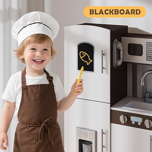 Miniatura 5 de JOYDIAS - Juego de cocina para niños, juego de cocina de madera con sonido y luz, horno, máquina de hielo, pizarra y caja de almacenamiento de