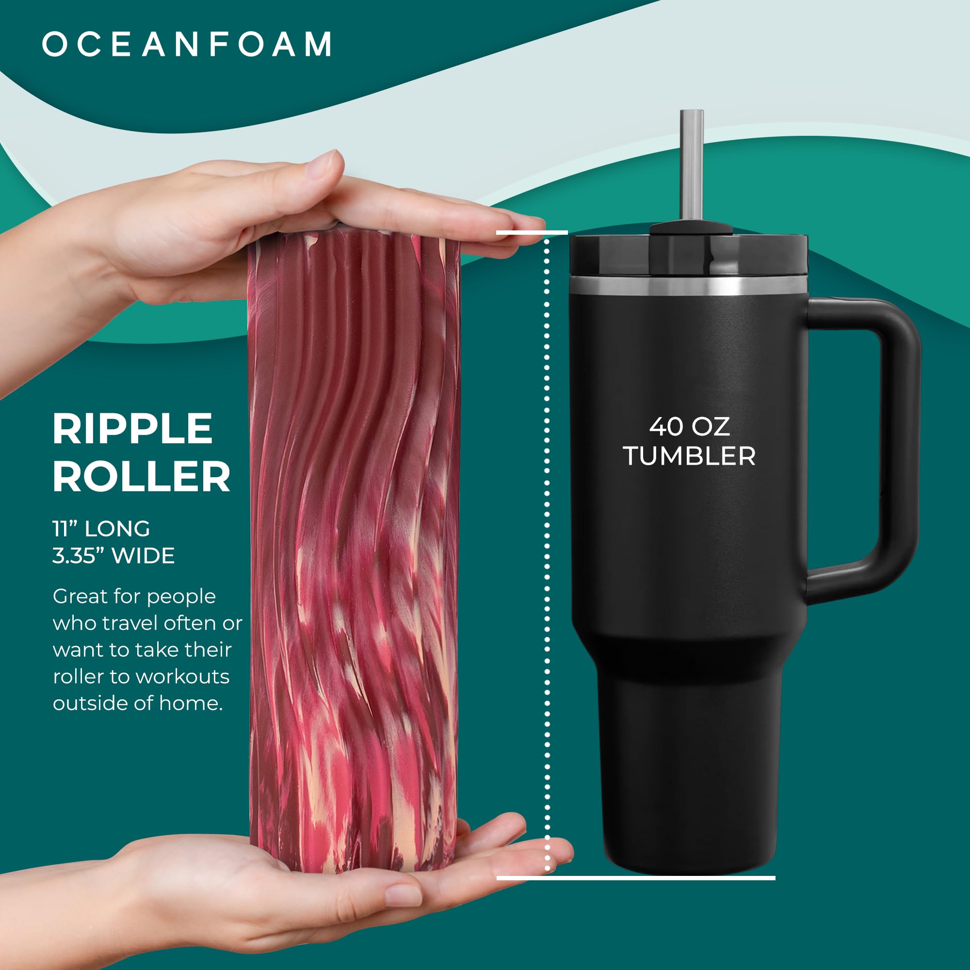 Oceanfoam Ripple Roller - Rodillo de espuma de masaje muscular para dolor de espalda y estiramiento, textura ondulada ergonómica, yoga, atletismo y bienestar, compacto, 11 x 3.35 pulgadas, granate,