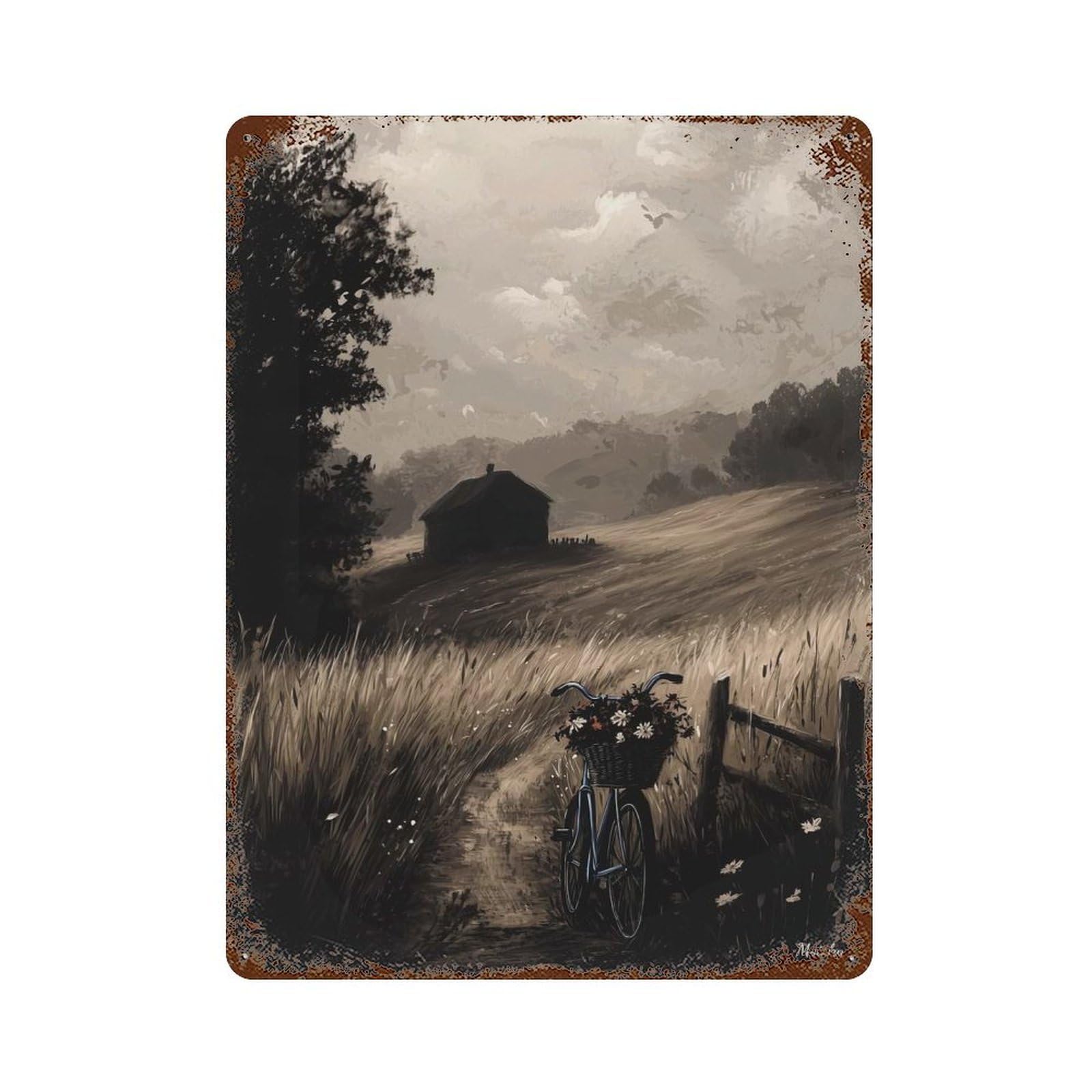 Rust Effect Vintage Countryside Escape – Serene Rural Landscape Aged Metal Wall Plaque 15.7"x11.8", Farmhouse Wall Decor for Office, Studio And Wall Decor